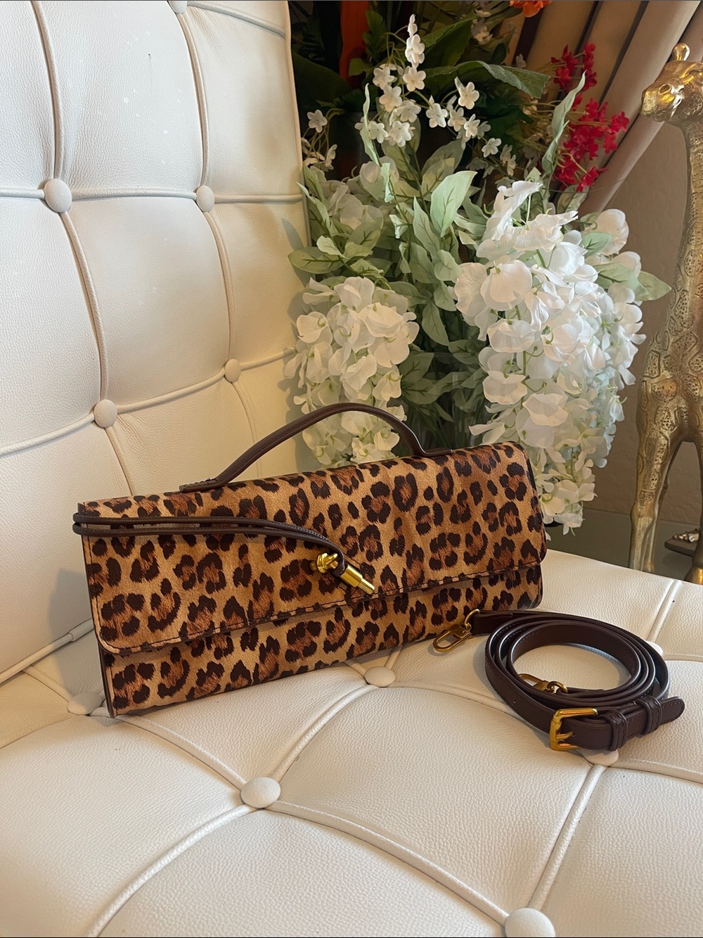 Leopard Print Top-Handle Clutch Bag with Detachable Strap